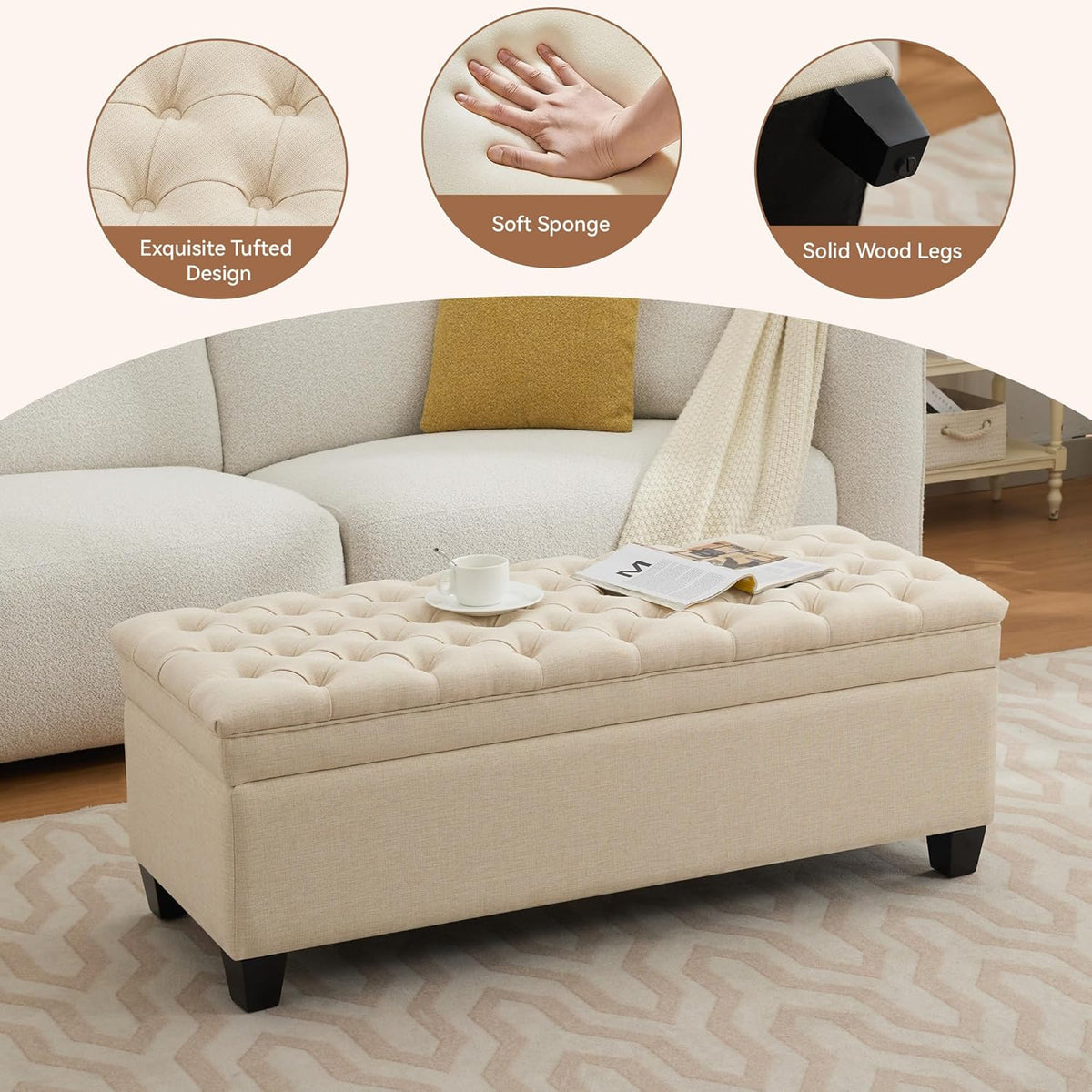 51" Fabric Storage Ottoman Bench, Upholstered Rectangle End of Bed Storage Ottoman Tufted Living Room Bedroom Bench with Safety Hinge, Solid Wood Legs, Loads 500 lb(Khaki)