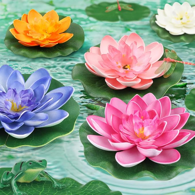 QUOZUO 22 Pack Artificial Floating Foam Lotus Flowers with Artificial Frog Lotus Leaves, Lily Pads for Lake, Pond Plants Ornaments for Pool Water Decoration, Colorful