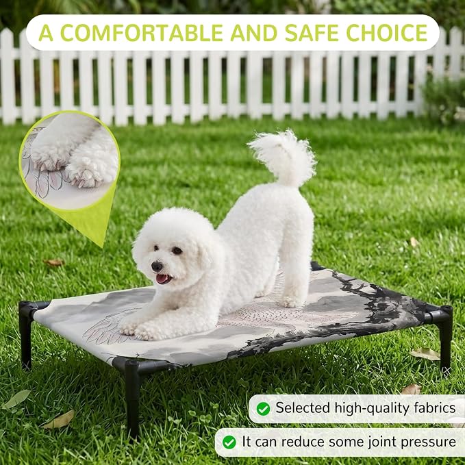 Outdoor Elevated Dog Bed for Medium Dogs, Cute Eagle Breathable Cooling Raised Dog Cot for Indoor/Outdoor, Natural Mountain Tree Branches Animals Rustic Waterproof Elevated Pet Beds, M 24 x 20 in