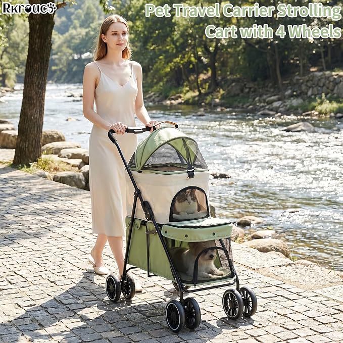 Foldable Double Pets Stroller for Dog Portable Cat Strollers for Small Medium Pet with One Detachable Carrier Flexible Lockable Wheels Lightweight Dogs Jogger (Green Beige)