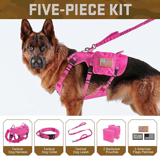 Forestpaw Tactical Dog Harness Collar Bungee Leash Set,L,Hot Pink | Adjustable Fits 27-40" Chest,70-140 lbs,No Pull Control Military,Quick Release Buckle,Walking Training for Medium Large Dogs
