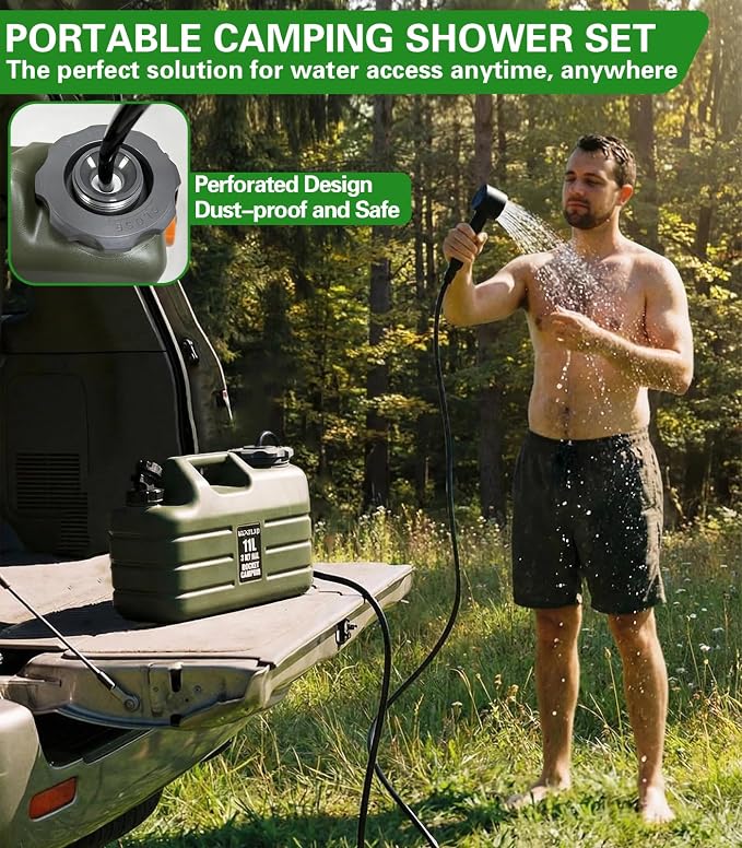 Beviliu Portable Camping Shower – 3 Gallon & 5 Gallon Food-Grade Jug, Rechargeable Pump, IPX8 Waterproof, Lightweight & Extra-Large Portable Shower for Camping, Beach, RV, Pet