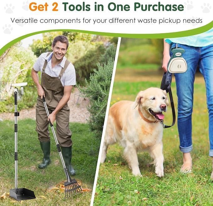 lychee Heavy Duty Stainless Metal Dog Pooper Scooper Tray and Rake Set for Yard- Portable Pooper Scooper for Small to Medium Dogs, Adjustable Long Handle,Rust-Proof, with Bag Attachment, Leash Clip