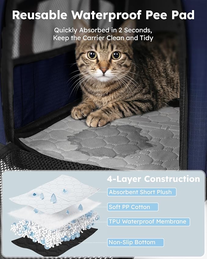 Pecute Top Expandable Cat Carrier Sturdy Pet Bag with 5mm Anti-Collapse Steel Frame, Soft Dog Carrier for Car Travel Vet Visits Outdoor Hammock,Foldable Travel Crate with Leakproof Pee Pad & Bowl,Blue