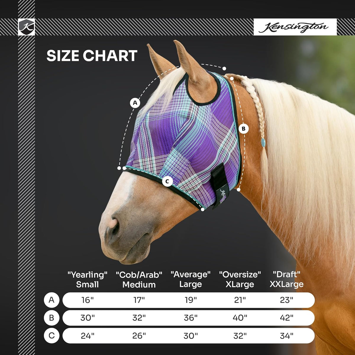 Kensington UV Horse Fly Mask with Web Trim - Protective Mask with Dual Ear Opening & Forelock Freedom - Medium, Kentucky Blue