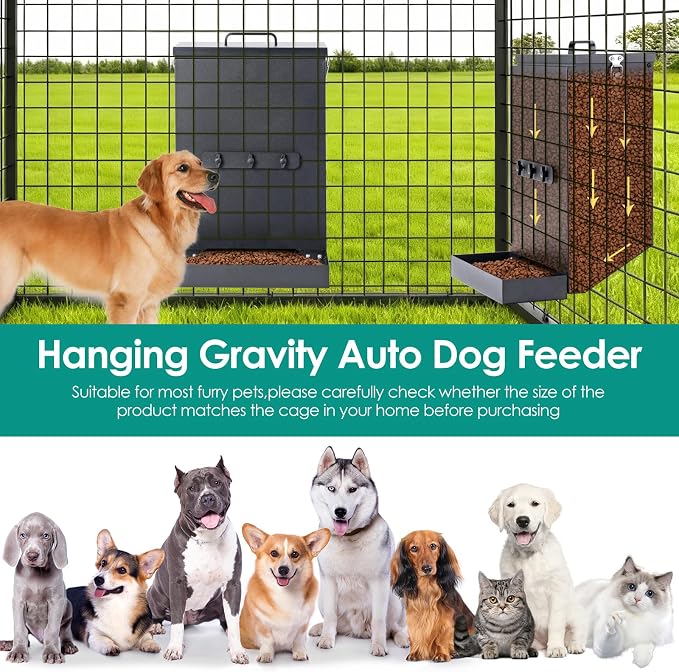 Hanging Cage Automatic Dog Feeder Large Breed,12L Dog Food Dispenser | Auto Dog Feeder with Large Feeding Mouth Kennel Kennel-Gravity Pet Cage Feeder Galvanized Steel for Dog Rabbit,Chicken,Pet