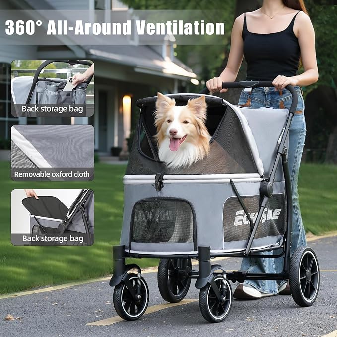 EchoSmile Dog Stroller for Large Dogs, 135lbs Weight Extra Large Pet Stroller, 4 Wheels Cats & Dogs Carrier with Brakes, Breathable Mesh Windows & Pocket, Gray
