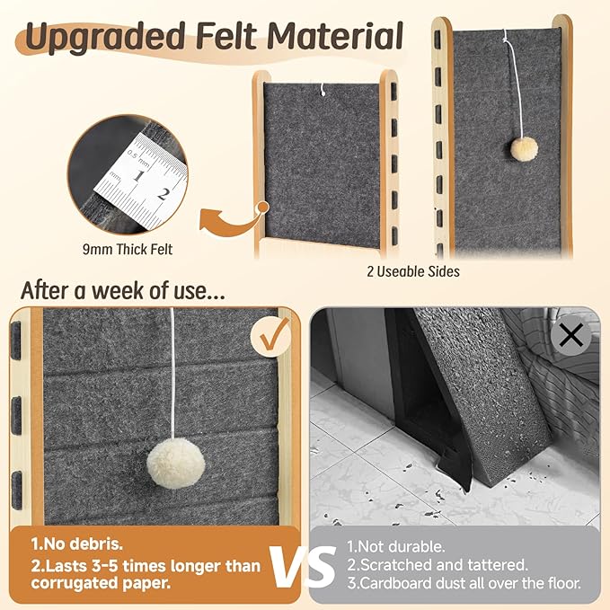 Cat Scratcher with Bell Ball Cat Scratch Pad L-Shaped Scratch Mat Vertical Cat Scratching Board for Indoor Cats Felt Cats Scratching Post Furniture Protector Kittens Cratchers Toys- Grey