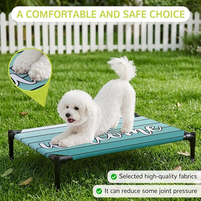Outdoor Elevated Dog Bed for Large Dogs, Teal Green Wooden Grain Breathable Cooling Raised Dog Cot for Indoor/Outdoor, Gradient Farmhouse Wood Plank Waterproof Elevated Pet Beds, L 28 x 22 in