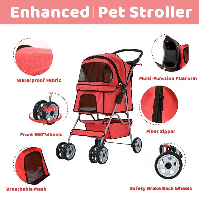 Pet Stroller for Small Medium Dogs & Cats, 4-Wheel Breathable Compact Foldable Dog Carrier with Storage Basket, Outdoor Portable Lightweight Travel Stroller for Camping,Red