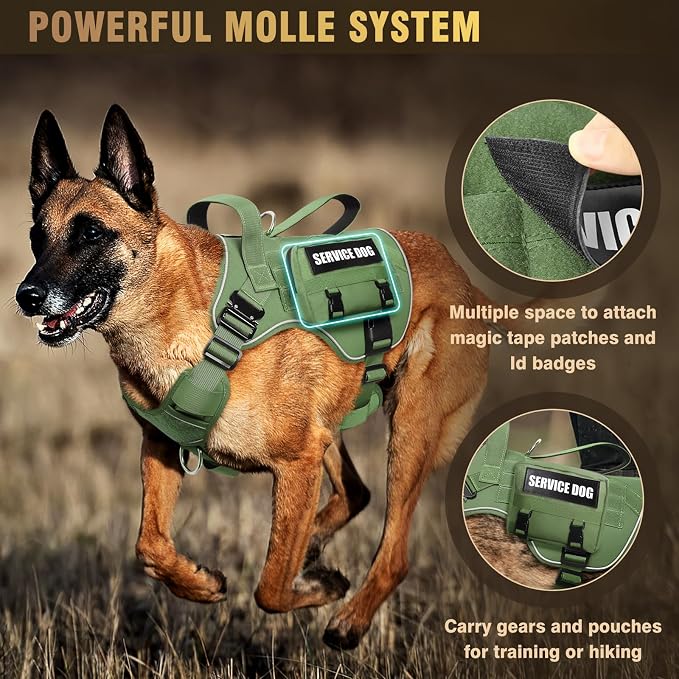 Tactical Dog Harness for Large Dog, Heavy Duty Service Dog MOLLE Vest with 10 Pet Patches, No Pull Military Working Vest for Training Hunting Walking