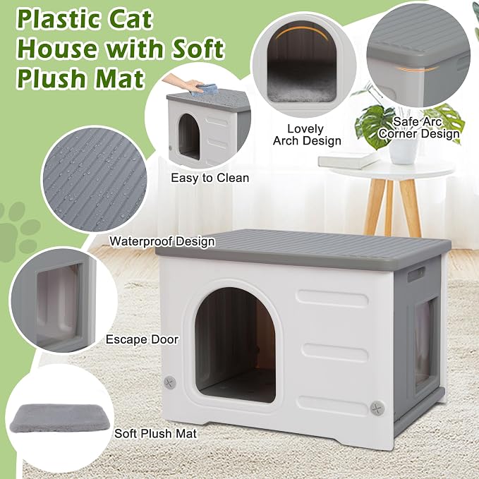 Waterproof Cat House for Outdoor Cats, Plastic Feral Cat House | with Escape with Escape Door and Soft Mat, Indoor Cat Shelter for Mutiple Cats - Grey