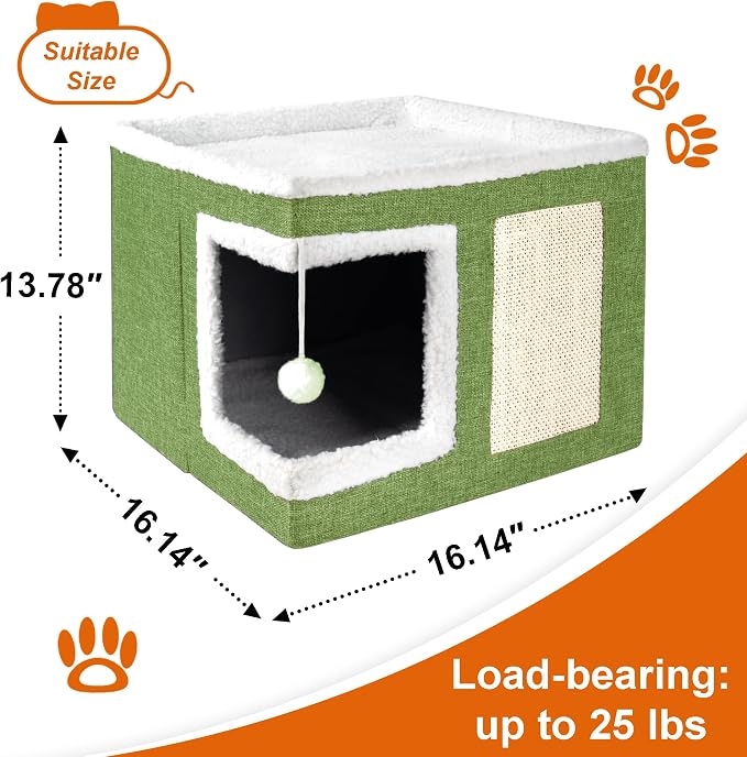 Loyareal Cat Houses for Indoor Cats - Large Cat Bed Cave with Scratch Pad and Fluffy Ball, Foldable Cat Condo Hideaway with Reversible Cushion for Multi Small Pet, Green