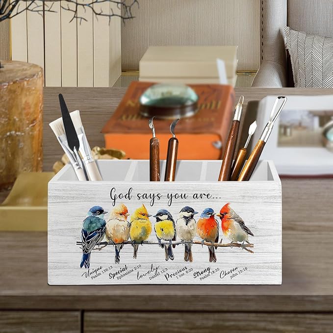 Christian Bird Pen Pencil Holder Organizer for Desk Accessories, God Says You Are Bible Verse Inspirational Wooden Box Sign Desk Decor for Home Office Decoration, Bird Lovers Gifts