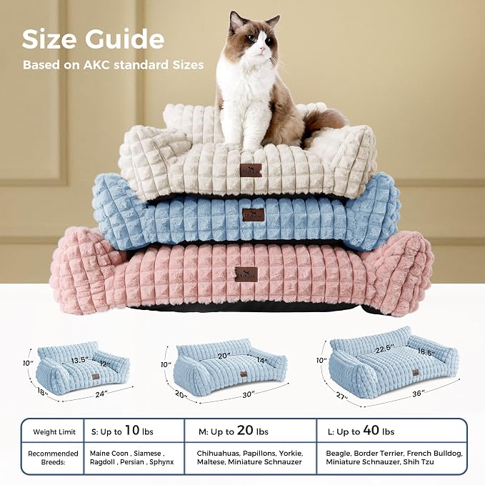Dog Bed for Small Medium Dogs/Cats, Orthpedic Dog Beds Supportive Cat Couch with Faux Rabbit Fur and Removable Cover, Washable Pet Sofa Bed, 30 Inch, Light Blue