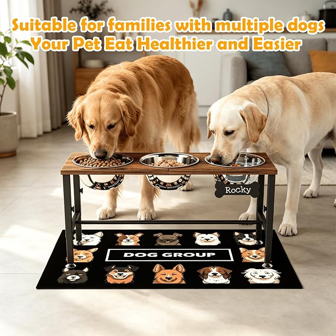 ADENGL Triple Elevated Dog Bowls Stand for Multiple Dogs, 3 Height Adjustable Raised Dog Bowl Stand with 3 Stainless Steel 1700ml(58oz) Bowls & Wood Tray & Mat