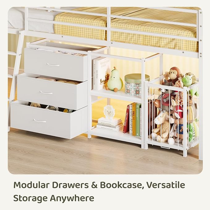Bonnlo Low Loft Bed with 3 Drawers, 2-Tier Storage Shelf and Toy Storage Basket, Metal loft Bed Twin Size with LED Lights and Safety Guardrail for Kids (White)