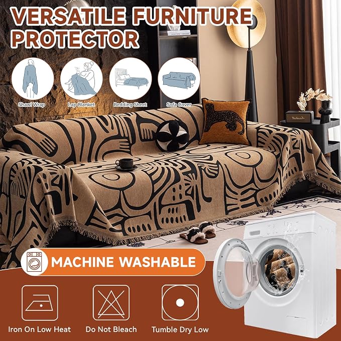VClife Soft Thick Chenille Couch Cover 1 PC Washable Couch Cover for 2 Cushion Couch Sofa Modern Brown Black Jacquard Sectional Sofa Cover 71"x118"