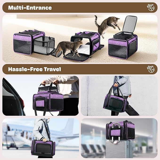 Top and 2 Sides Expandable Cat Carrier 18x11x11, TSA Airline Approved Dog Carriers for Small Dogs, Soft-Sided Pet Carrier with Self-Locking Zippers for Kitten,Rabbit, Puppy, Guinea Pig Purple