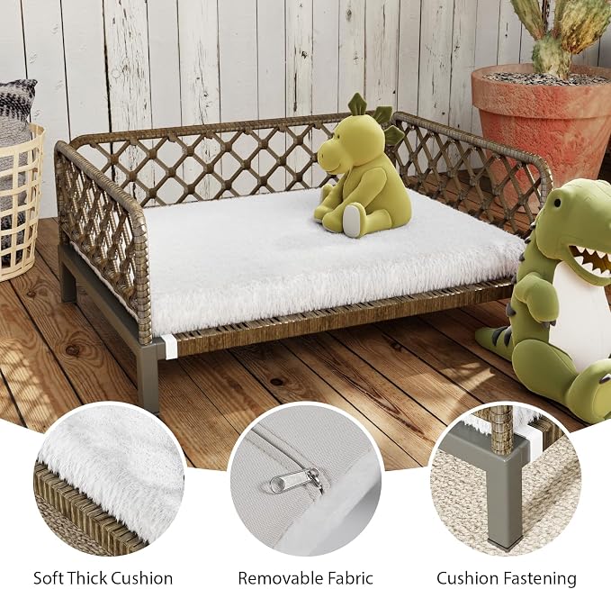 Indoor & Outdoor Dog Bed, Elevated All-Weather Wicker Pet Sofa with Washable Waterproof Cushion, Durable Rattan Dog Couch for Small Dogs, Brown Rattan/White Mat