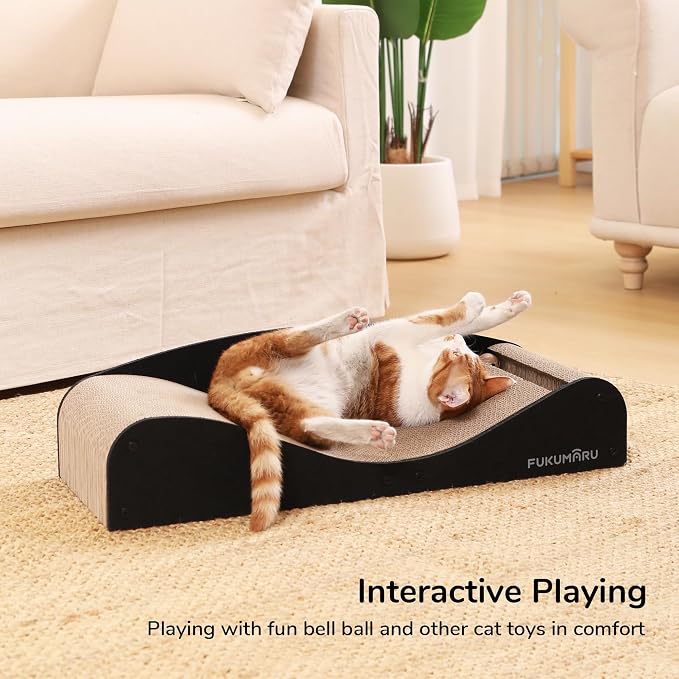 FUKUMARU Cardboard Cat Scratcher Bed, Extra Large 29.1 Inch Cat Scratch Pad | Cat Scratching Bed Couch Indoor, Natural Felt Multifunctional, Horizontal Kitten Scratch Bed Lounger With Ball Toy, Black