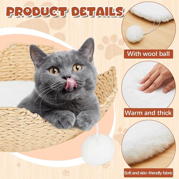 Abbylike 3 Pack 14" Round Cat Dog Bed Cushion Pad Mat Faux Rabbit Fur Pet Sleeping Mat with Small Ball Warm Plush Anti Slip Washable Cat Tree Tower Replacement Cushion Pad for Carrier Crate, White