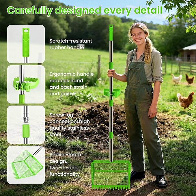 2026 Upgraded 2-in-1 Chicken Poop Scooper & Rake with Handle, 12inch Heavy-Duty Metal Chicken Coop Scoop for Sand Sifting Shovel Litter Scooper for Farm House Chicken Coop Cleaning Tools Accessories