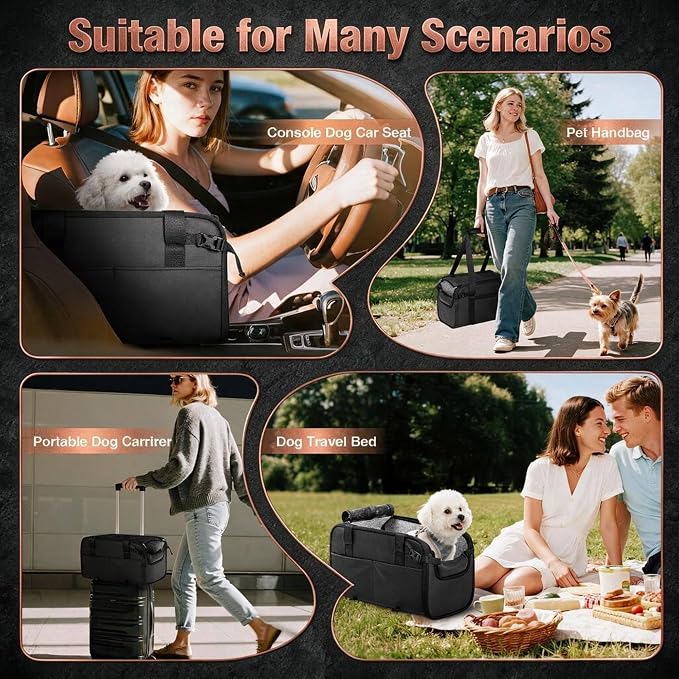 YUDODO Large Dog Car Seat for Center Console 10-18lbs, PU Booster Bed | Portable Puppy Cat Seat, Waterproof, Wipe Clean, Safe & Durable, Side Pockets, for Truck & SUV-Width>9.5in, Anti-Slip, Black