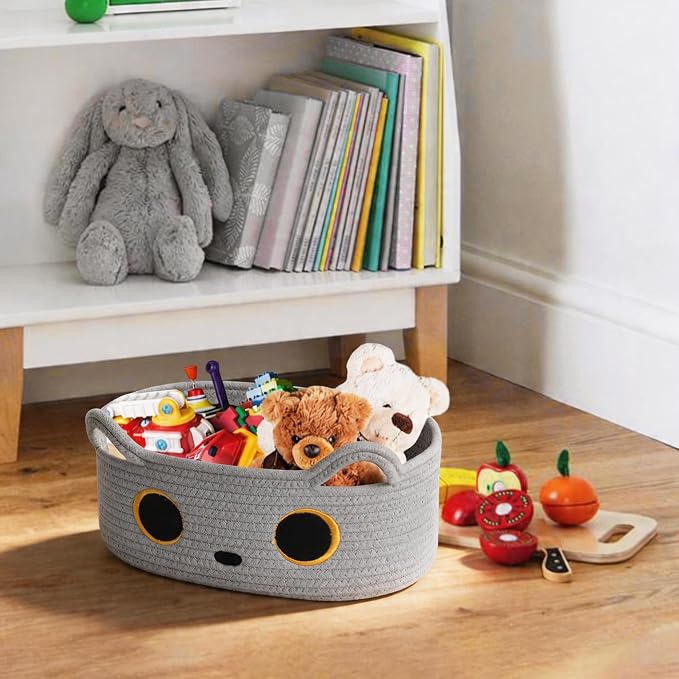 Gray Cat Toy Basket, Small Woven Cat Toy Storage Box with Cute Ears Handle Indoor, Cotton Rope Storage Bin with Embroidered Face for Home Decor, Pet Bed, Nursery Kids Room Organization