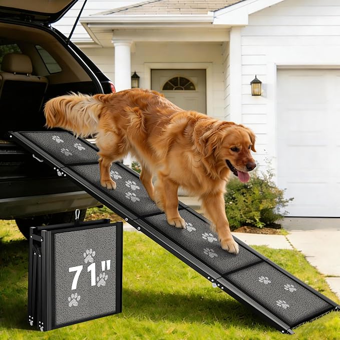 Upgraded Dog Ramp for Car 71" X-Long & 19.7" Wider Portable Dog Ramps for Large Dogs Non Slip Rug Surface Extra Wide Steps for SUV Car and Truck Folding Pet Ramp Supports Up to 270LBS