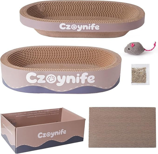 3PCS Cat Scratcher Cardboard, Oval Cat Scratch Pad Bowl Nest for Indoor Cats, Round Cat Scratching Board Corrugated Lounge Cat Bed, Furniture Protector for Couch (Coffee, 15.7 * 10 in)