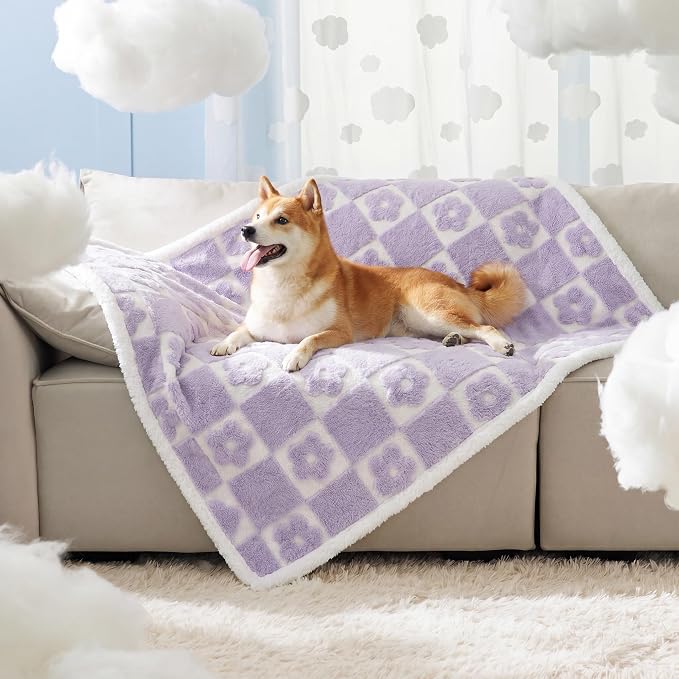 LE SURE Waterproof Dog Blankets for Large Dogs Cute Cozy 3D Jacquard,40x50 | Warm Soft Pet Blanket for Senior Dogs Aesthetic Gift, Washable Sherpa Throw,Reversible Couch Protector,Lavender Flower Checks