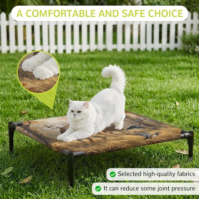 Outdoor Elevated Dog Bed for Small Dogs, Brown Deer Birds Breathable Cooling Raised Dog Cot for Indoor/Outdoor, Autumn Forest Trees Grass Natural Scenery Waterproof Elevated Pet Beds, S 20 x 20 in