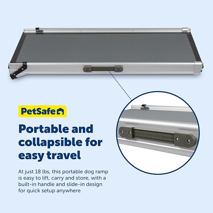 PetSafe Happy Ride Extra Long Telescoping Dog Ramp, Portable Pet Ramp for Cars, Trucks & SUVs with Adjustable Sizing | Extends 47-87 in to Reach Tall Trucks & SUVs, Rubber Feet, Side Rails, Safety Latch for Storage, Supports Dogs up to 300 Lb