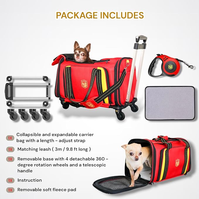 MY LEGACY Expandable Pet Carrier with Wheels & Matching Leash – Airline Compliant Cat & Small Dog Carrier, Fits Under Most Airplane Seats for In-Cabin Travel, Soft-Sided Collapsible, Pets Up to 18 lbs