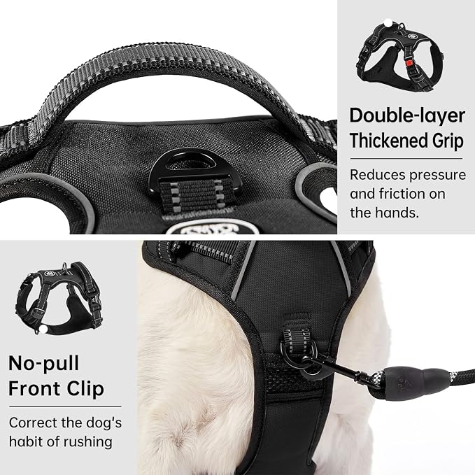 IVY&LANE No Pull Dog Harness for Medium Dogs, Dog Vest Harness with Leash, Safety Belt and Storage Strap, Fully Adjustable Harness, 360° Reflective Strip, Soft Handle (Black, M)