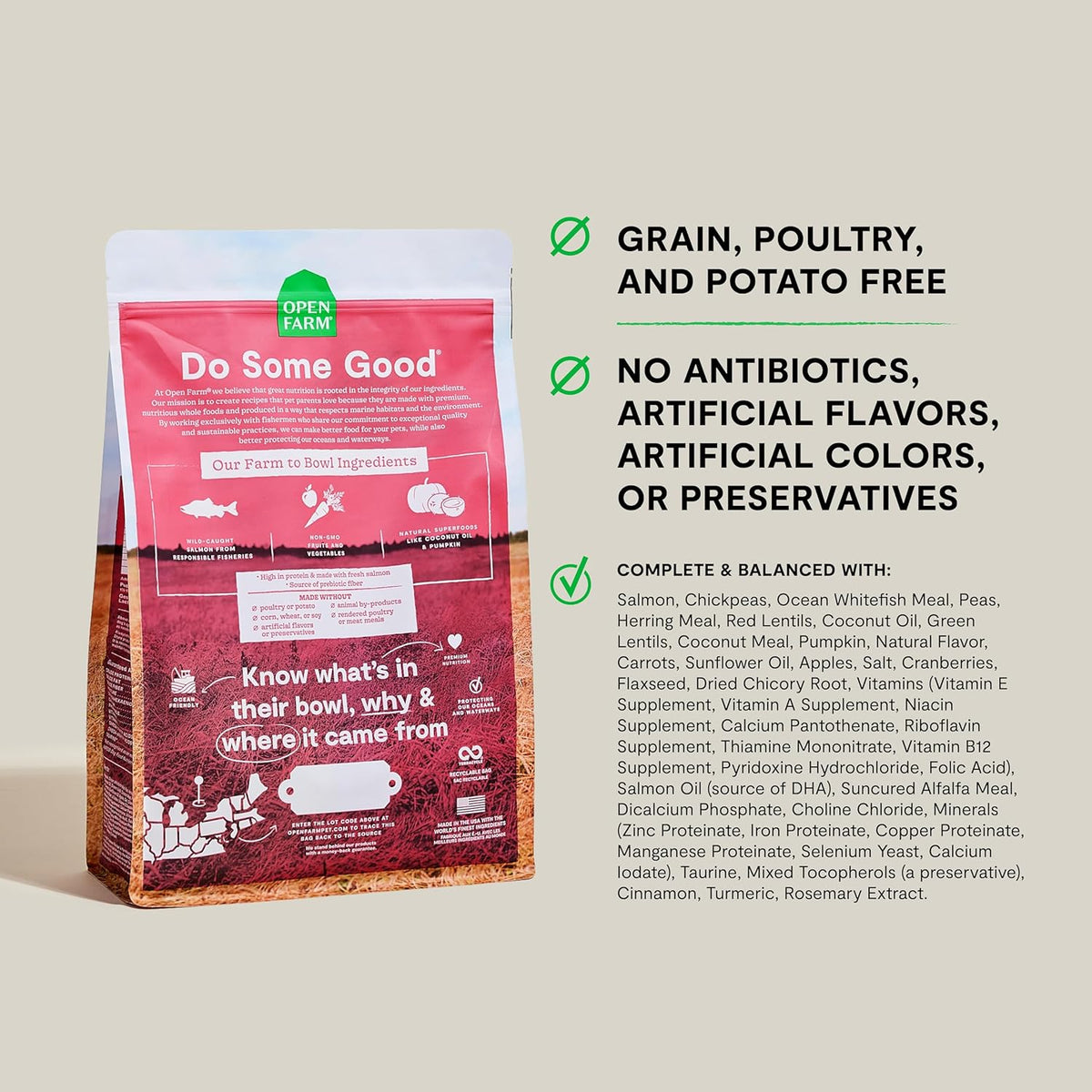 Open Farm, Grain-Free Dry Dog Food, Complete & Balanced Kibble, Sustainably & Ethically Sourced Ingredients, Non-GMO Veggies & Superfoods to Support Overall Health, Wild-Caught Salmon Recipe, 22lb Bag