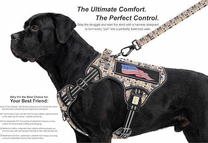 Homapet. Tactical Dog Harness with Dual Leash Attachment Points, Adjustable and Reflective Military Grade Dog Vest with Comfort Control Handle (Floral, S)