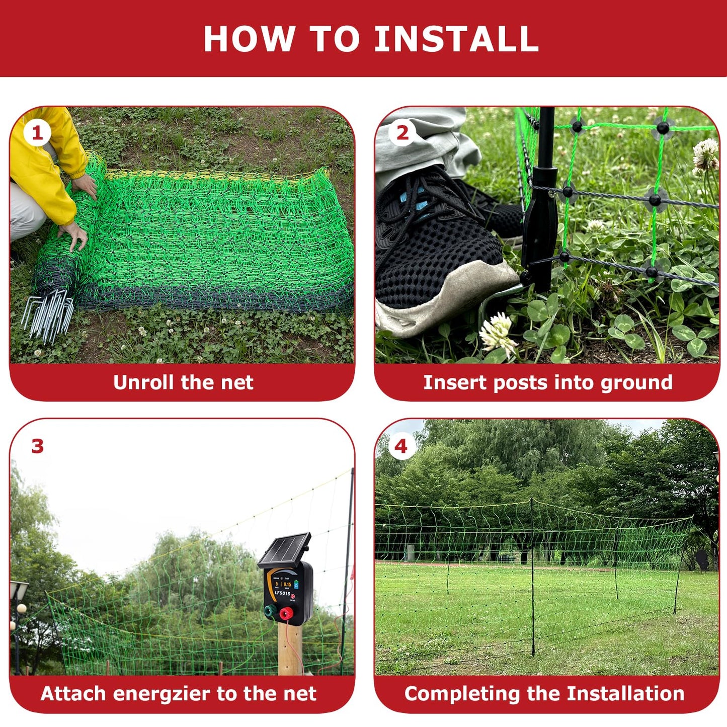 Electric Fence Netting, 164'L x 42.5" H Electric Fence Kit for Livestock, Goat, 14 Posts Double Spiked Portable Electric Poultry Farm Fence