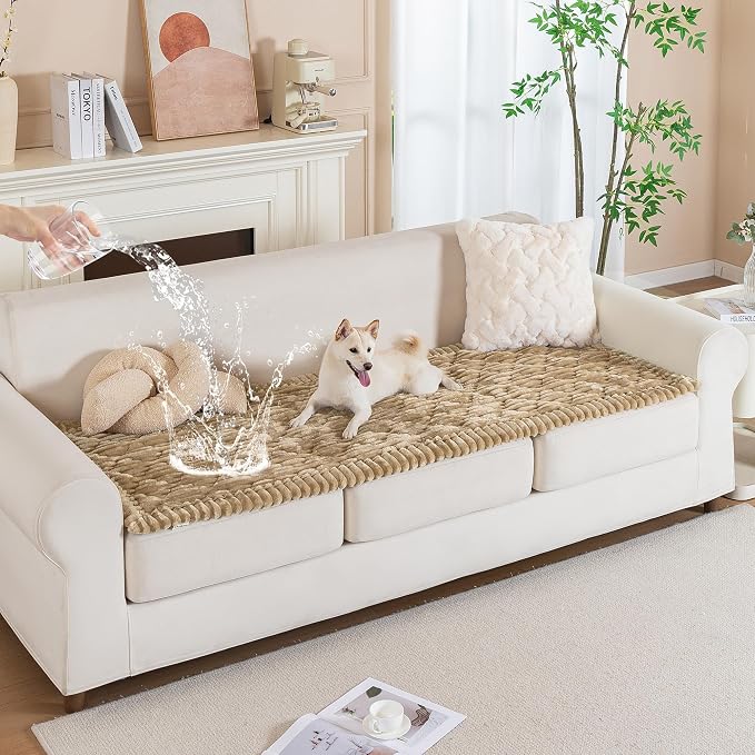 PuTian 100% Waterproof Fuzzy Couch Cover for Dogs Khaki 27.6"x82.7" | Pet Friendly Dog Mat for Couch, Waterproof Sofa Protector, Scratch Resistant Furniture Cover for Dogs, Machine Washable