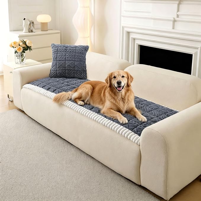 OTOB Couch Cover for Dogs Washable Pet Friendly, Non Slip Plush Fuzzy Love Seat Couch Covers Sofa Slipcovers, Geometric Jacquard Soft Pet Cushion Mat Protector All Seasons, (Dark Gray, 27.6" x 59.1")