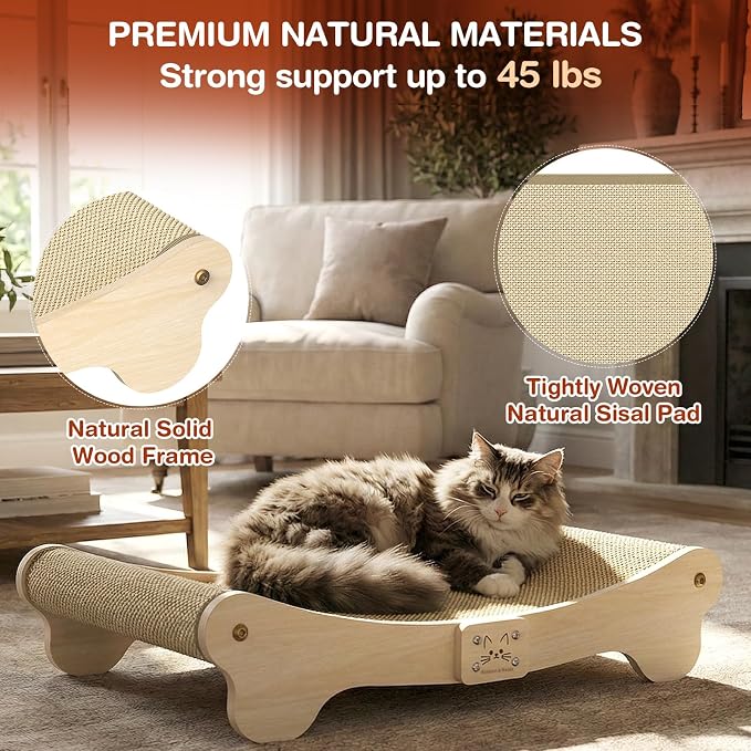 NOCOEX Sisal Cat Scratcher Bed: Wood Scratch Board Hammock for Indoor Cats | Natural Solid Wood Curved Frame Lounger Sleep Scratching Pad Post Large Cats 45 lbs, Easy Assembly Modern Furniture Protector