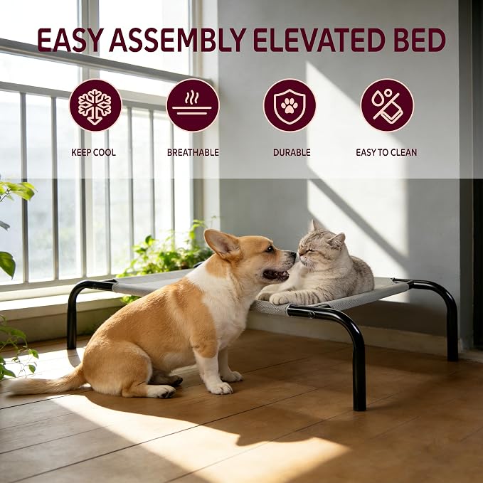 Elevated Dog Bed with Breathable Mesh Fabric, Raised Pet Cot with Airflow and Support, Durable and Easy to Clean (Grey, Medium)