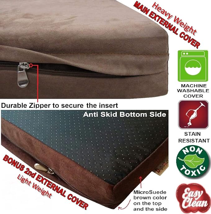 Dogbed4less Jumbo Orthopedic Memory Foam Dog Bed for Large Dogs, Washable Durable Cover, Waterproof Liner and Extra Pet Bed Case, 55"X47"X4", Brown