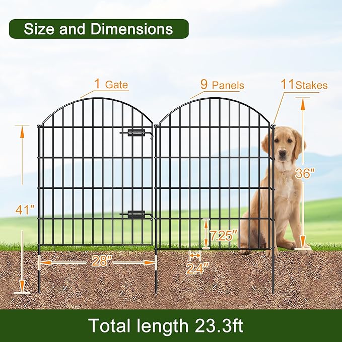 FOREHOGAR Metal Garden Fence with Gate 36in (H) x 23.3ft (L), 1 Gate+ 9 Panels Dog Fence Border Fence Animal Barrier, No Dig Garden Fencing for Yard Flower Bed Lawn Patio Outdoor, ECG3610, Black