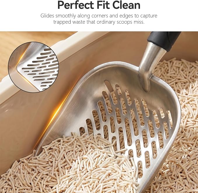 Cat Litter Scoop, Kitty Metal Scooper with Long Handle | Heavy Duty Aluminum Deep Sifter, Rustproof Durable Kitten Poop Shovel for Travel & Small Litter Box