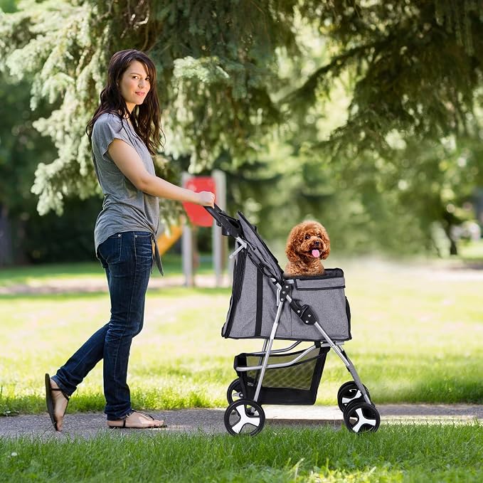 4 Wheels Dog Stroller Folding Pet Strolling Cart for Small Medium Cats Puppies Portable Jogger Travel Camping Puppy Carrier with Storage Basket Cup Holder, Gray