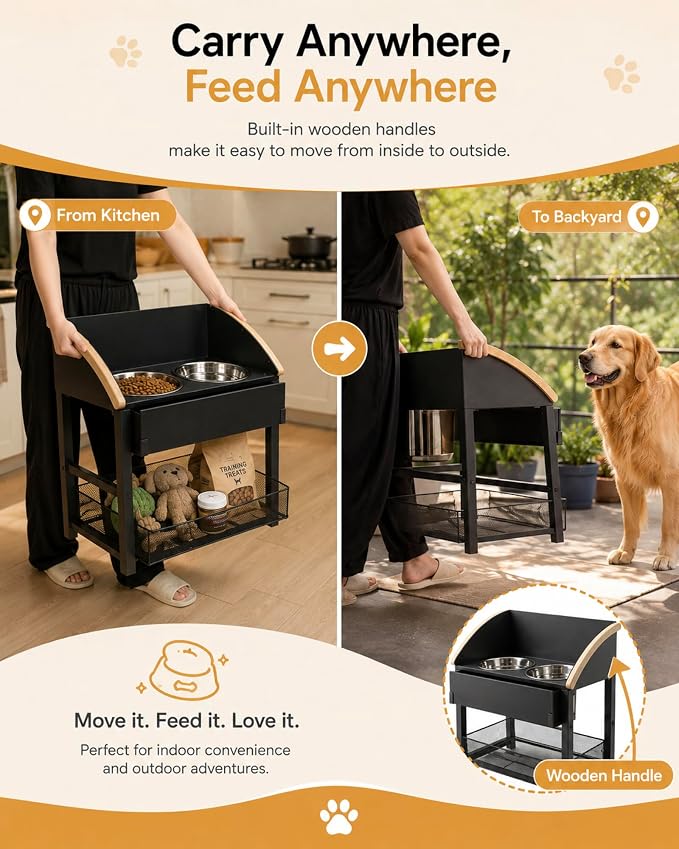 Elevated Dog Bowls for Large Breed Dogs with Storage Basket, 13 Inch Tilted Raised Dog Bowl Stand with Stainless Steel Bowls, Metal Dog Feeding Station