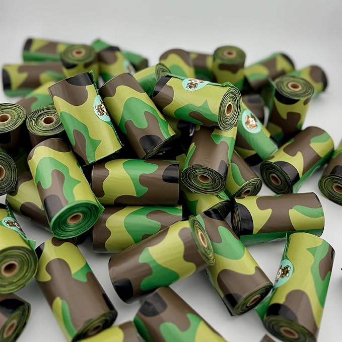 Camo Bags - Pet poop bags with a camouflage pattern. Poop bags rolls for dog walking, dog-parks, and the yard.