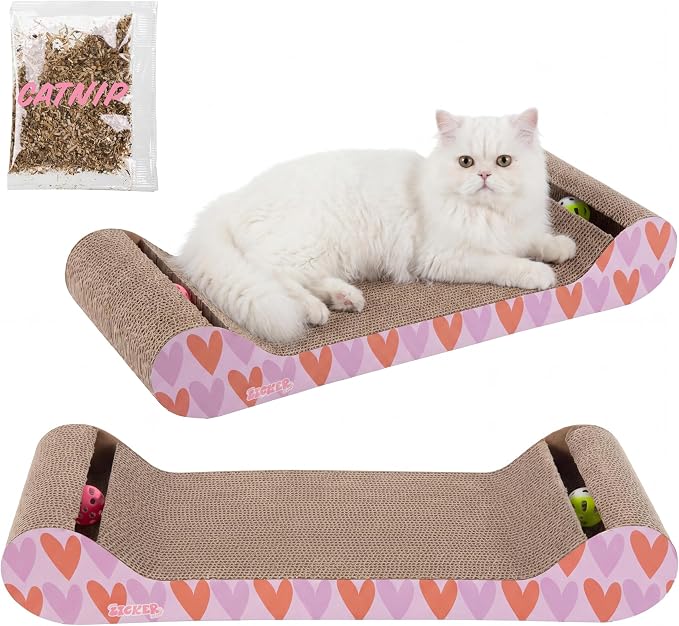 Rini 23.75" Modern Corrugated Cardboard Lounge Bed with Built-in Bell Toys and Catnip, Ergonomic Curved Sofa Scratcher for Indoor Cats, Pink/Red, (Set of 2) CSR1003D-SET2